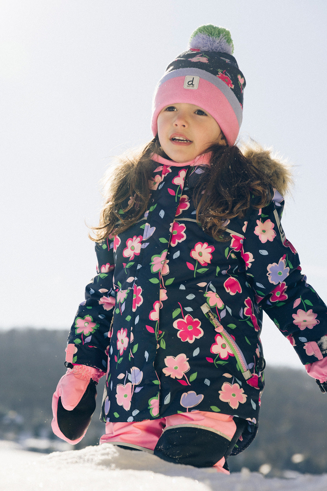 Girl in Deux par Deux -30°C blue floral snowsuit with reinforced bib snow pants