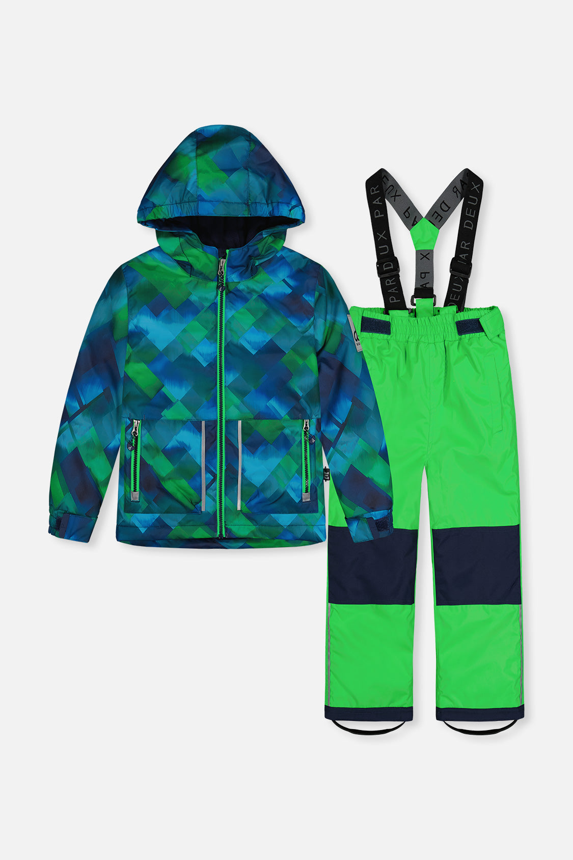 Deux par Deux CHILL snowsuit with a blue and green checkered jacket, bright green snow pants and black suspenders