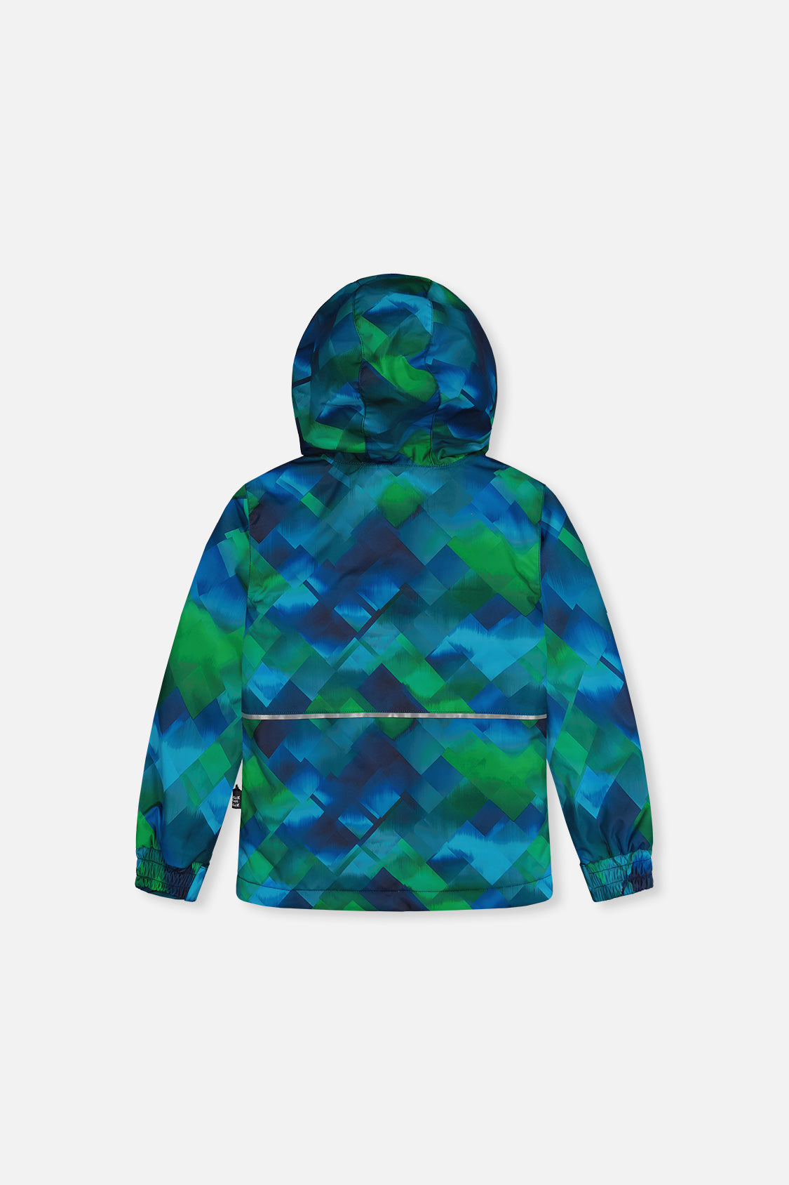 Back view of the blue and green checkered CHILL jacket with a hood and silver trim across the back