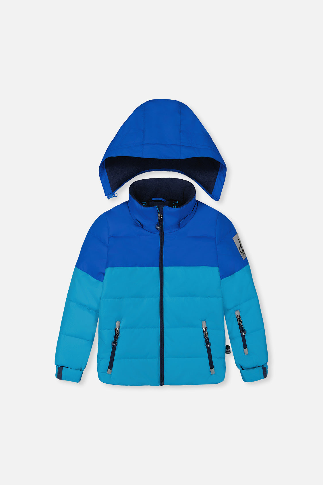 Boys light and dark blue PLAY winter jacket front view