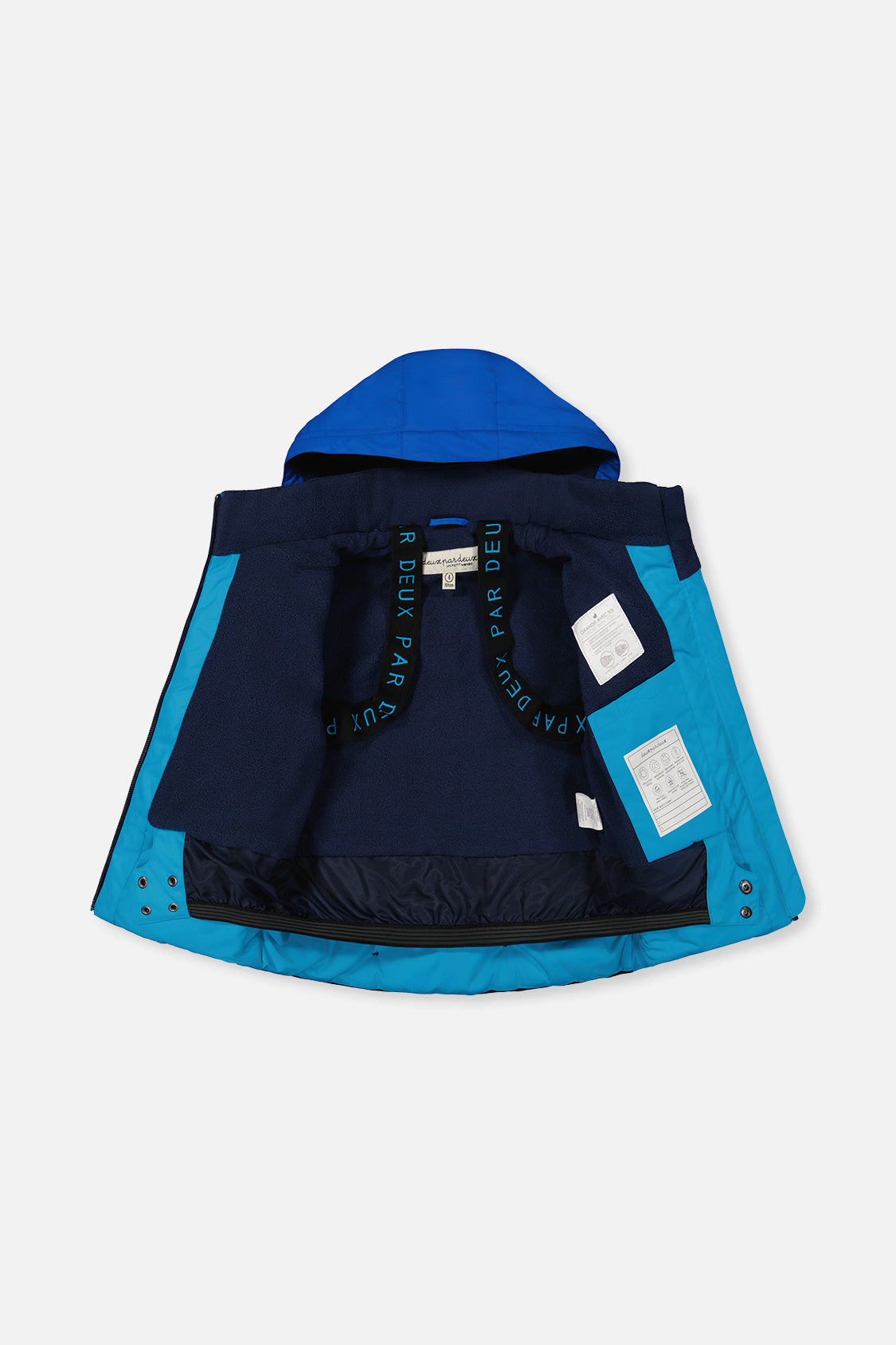 Boys blue PLAY jacket interior with snow skirt and backpack straps