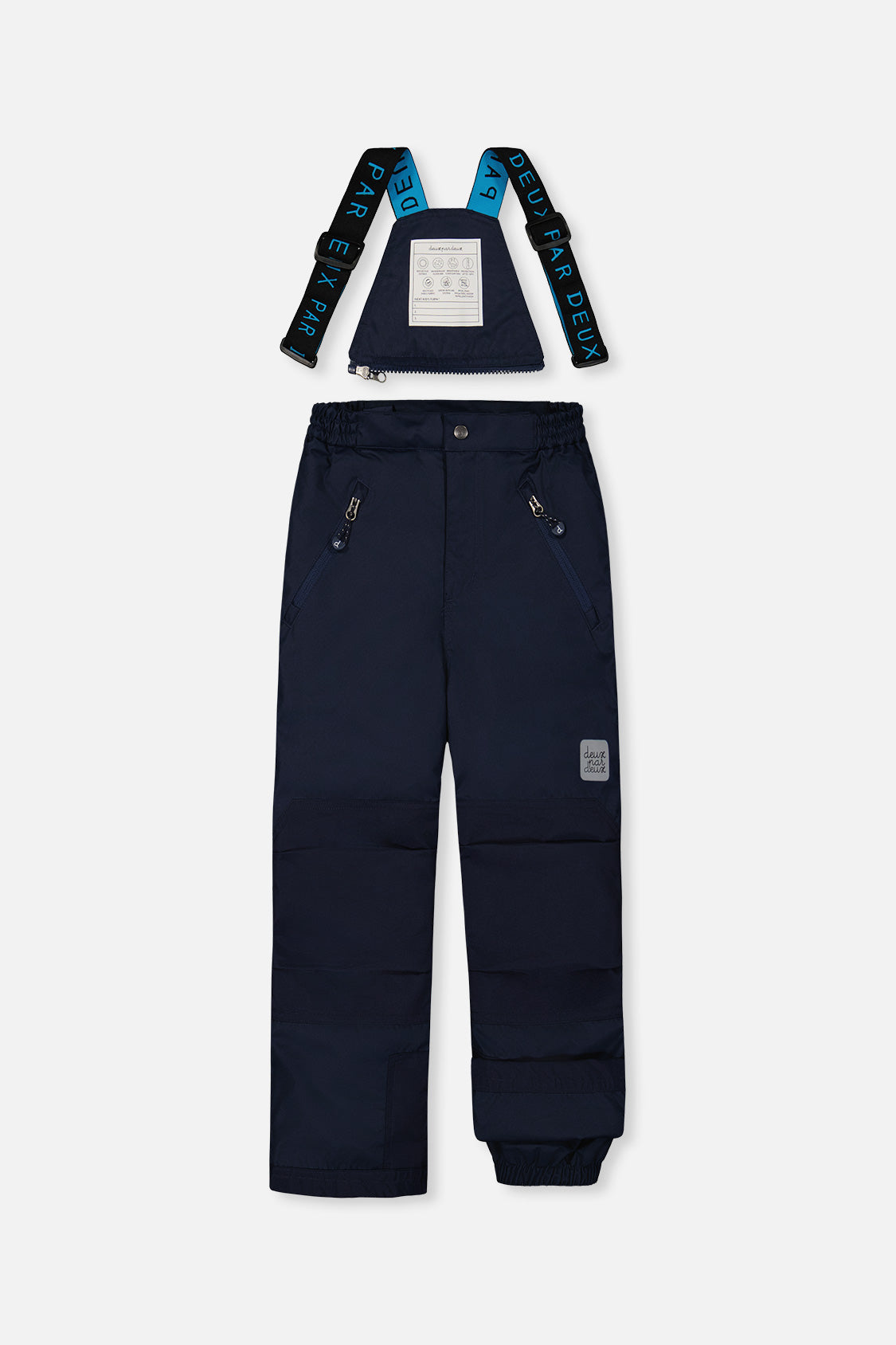 Navy PLAY snow pants front view with adjustable suspenders