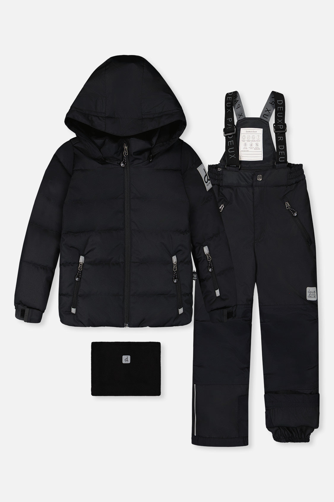 Deux par Deux boys all-black PLAY two-piece snowsuit set