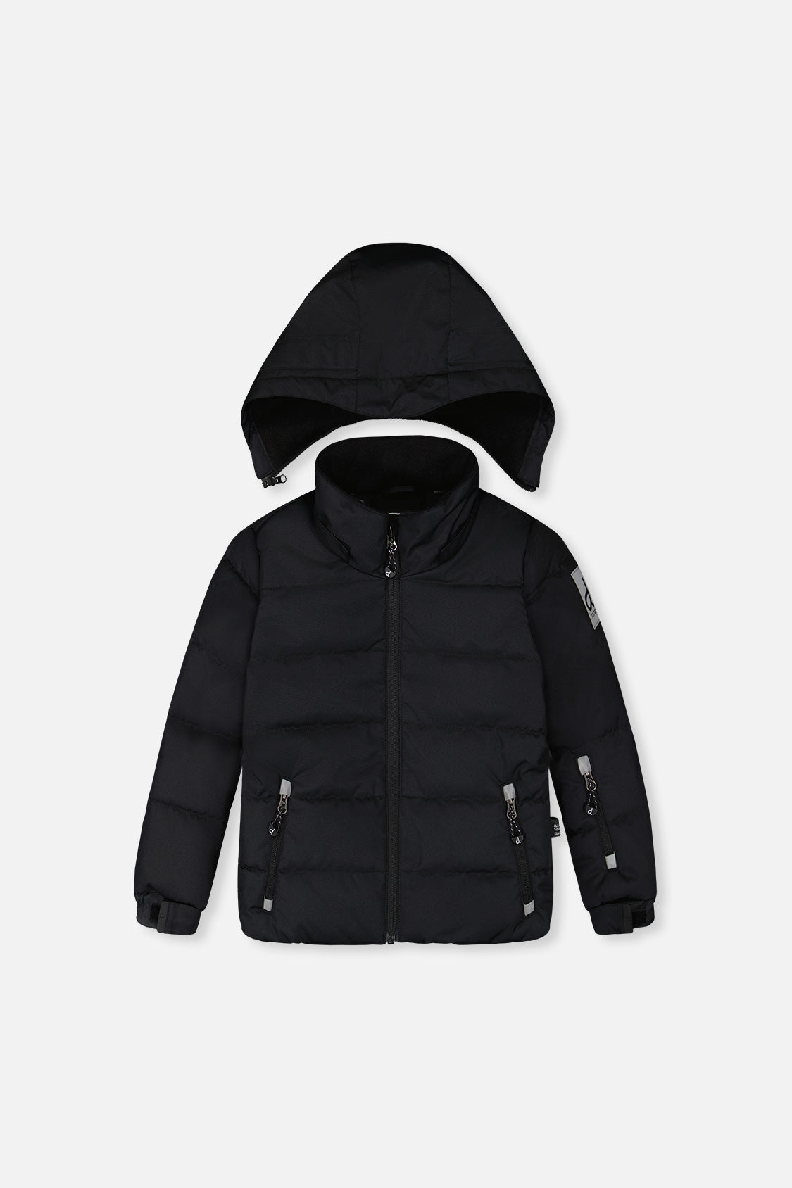 Boys black PLAY winter jacket front view with adjustable hood