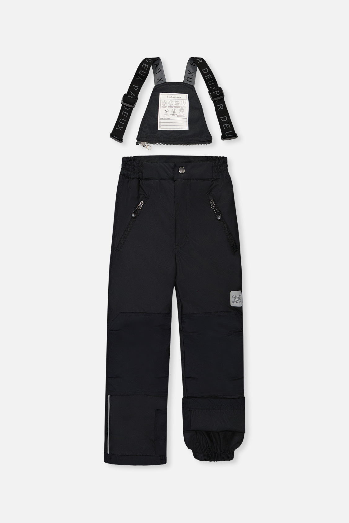 Black PLAY snow pants front view with adjustable suspenders