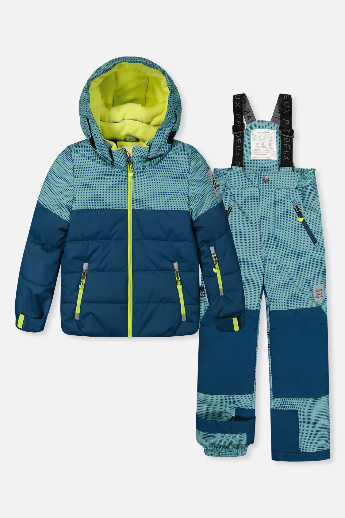 Deux par Deux boys greyish blue and navy PLAY snowsuit set