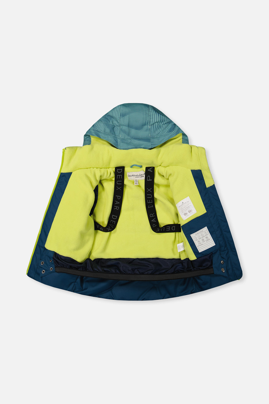Boys PLAY jacket interior with lime lining and backpack straps