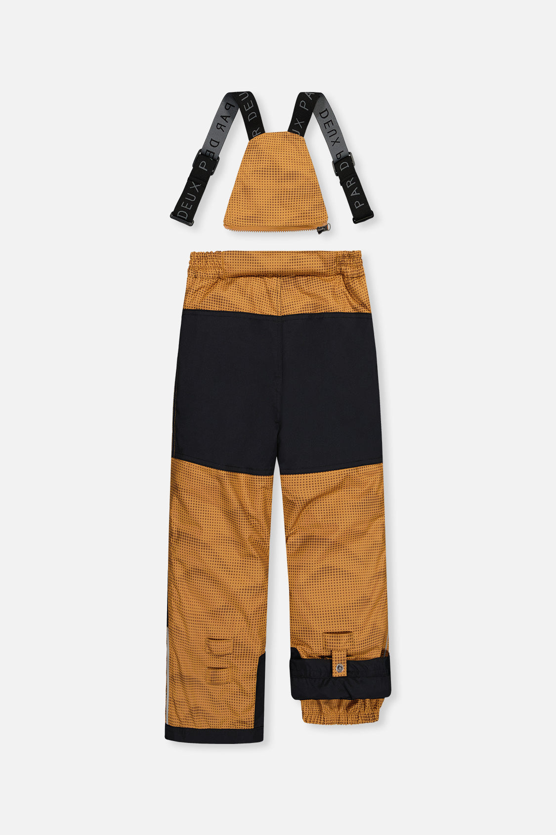 Deux par Deux boys PLAY snowsuit, brown and black – brown and black snow pants, back view with suspenders off
