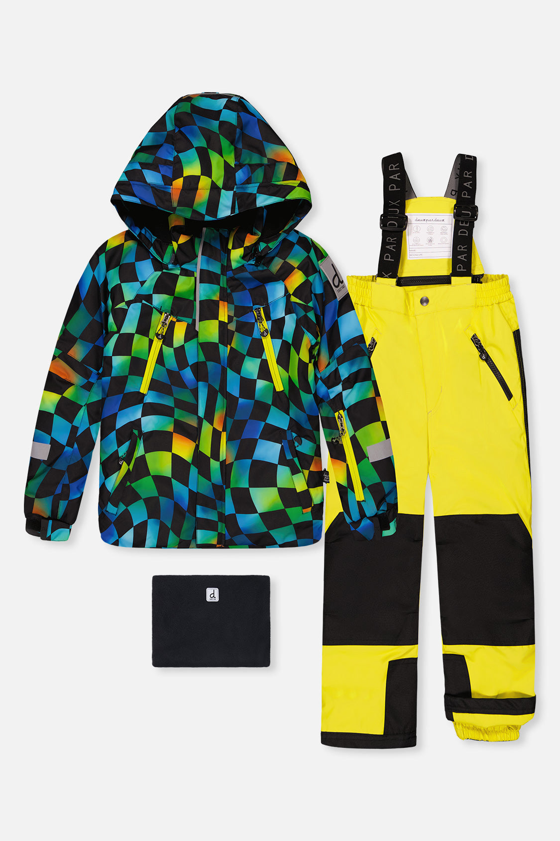 Deux par Deux PLAY two-piece snowsuit in Green Yellow and Blue Checkerboard with Yellow Pants — main product view