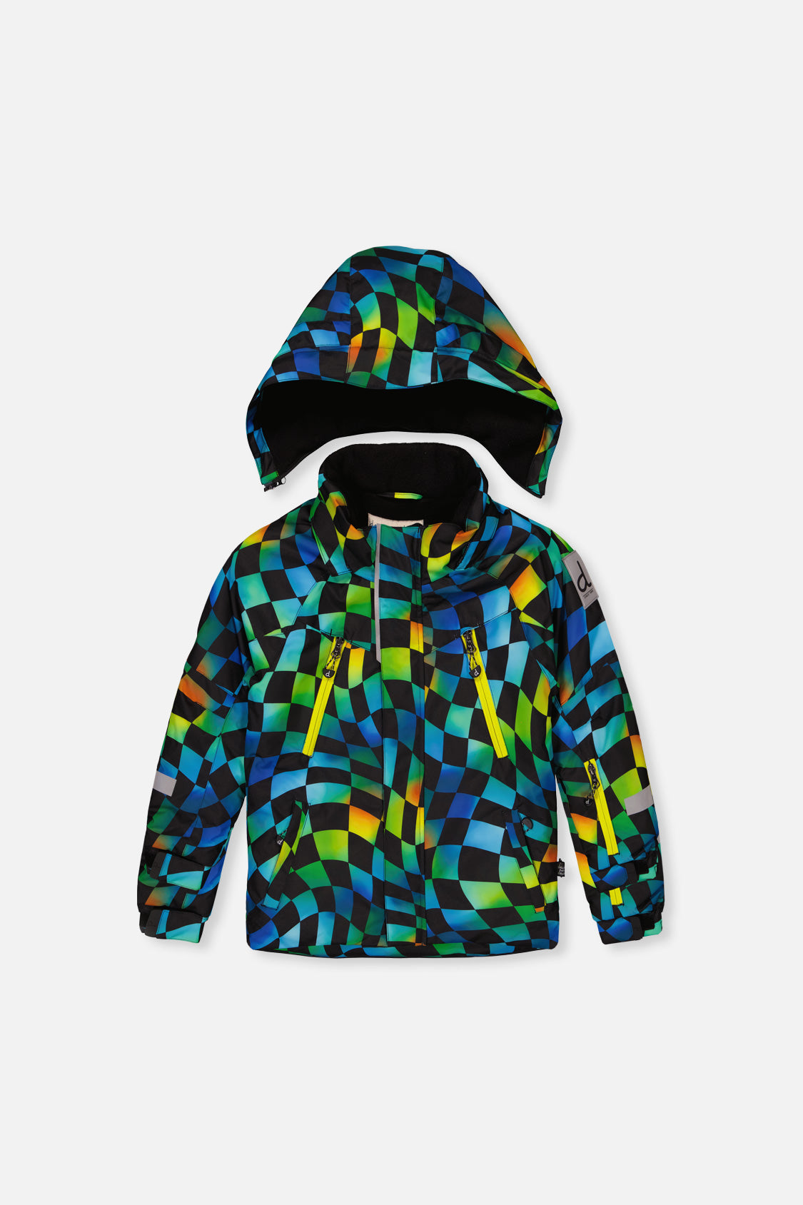 Deux par Deux PLAY two-piece snowsuit in Green Yellow and Blue Checkerboard with Yellow Pants — alternate product view