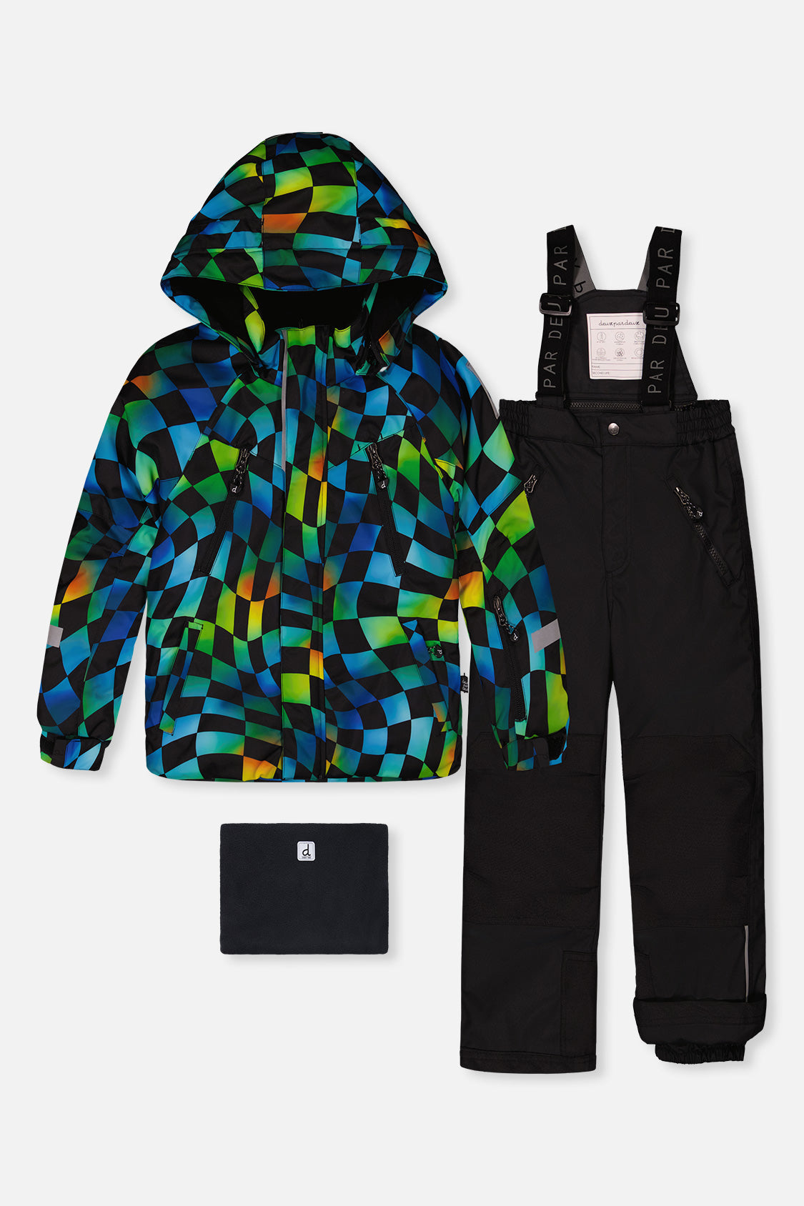 Deux par Deux boys green yellow blue checkerboard PLAY snowsuit with black pants product view