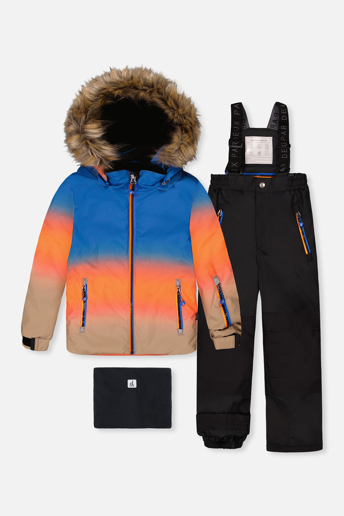 Deux par Deux PLAY two-piece snowsuit in Blue and Orange Gradient — main product view