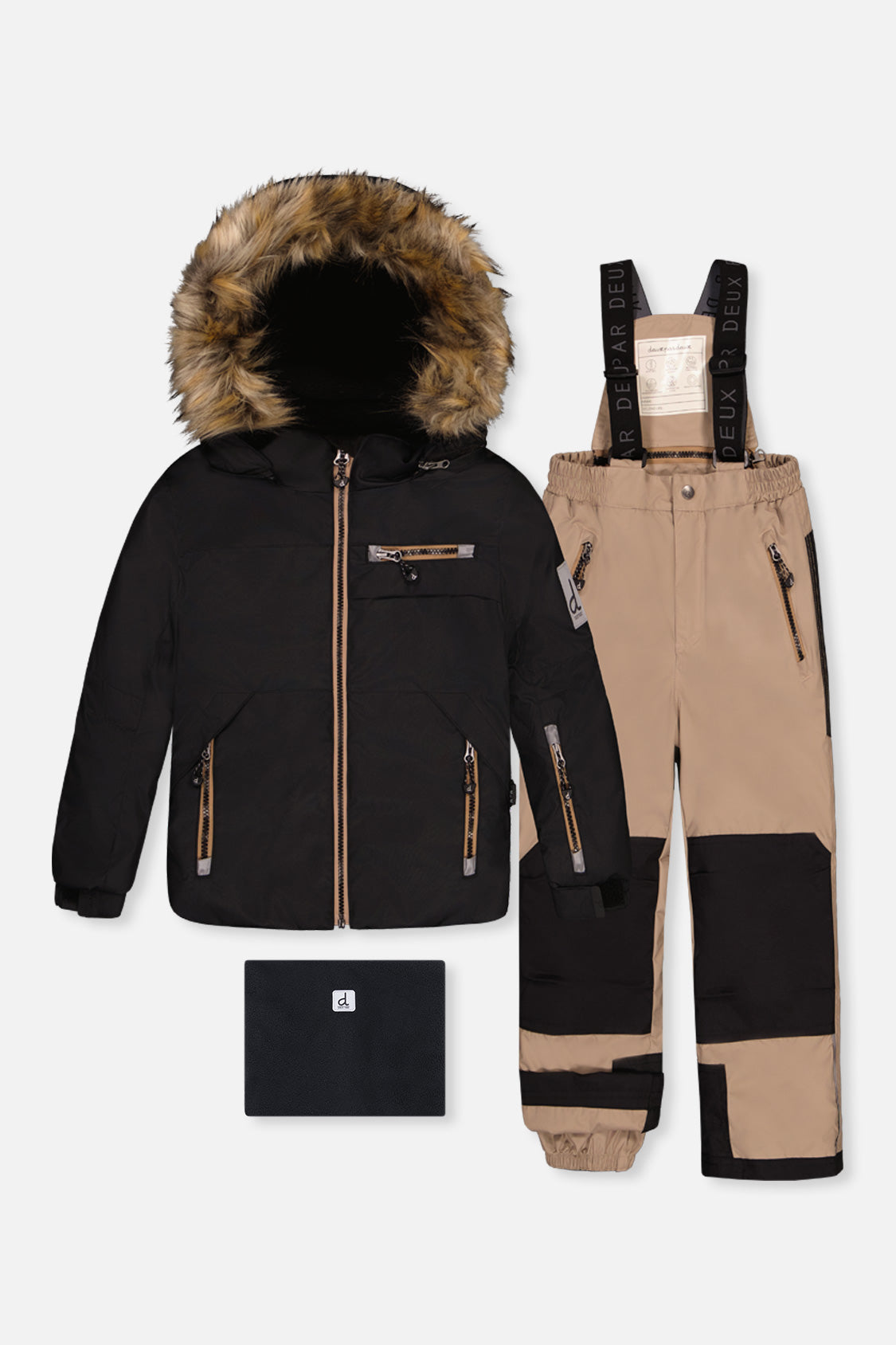 Deux par Deux boys PLAY two-piece snowsuit in black and beige with technical jacket and reinforced snow pants