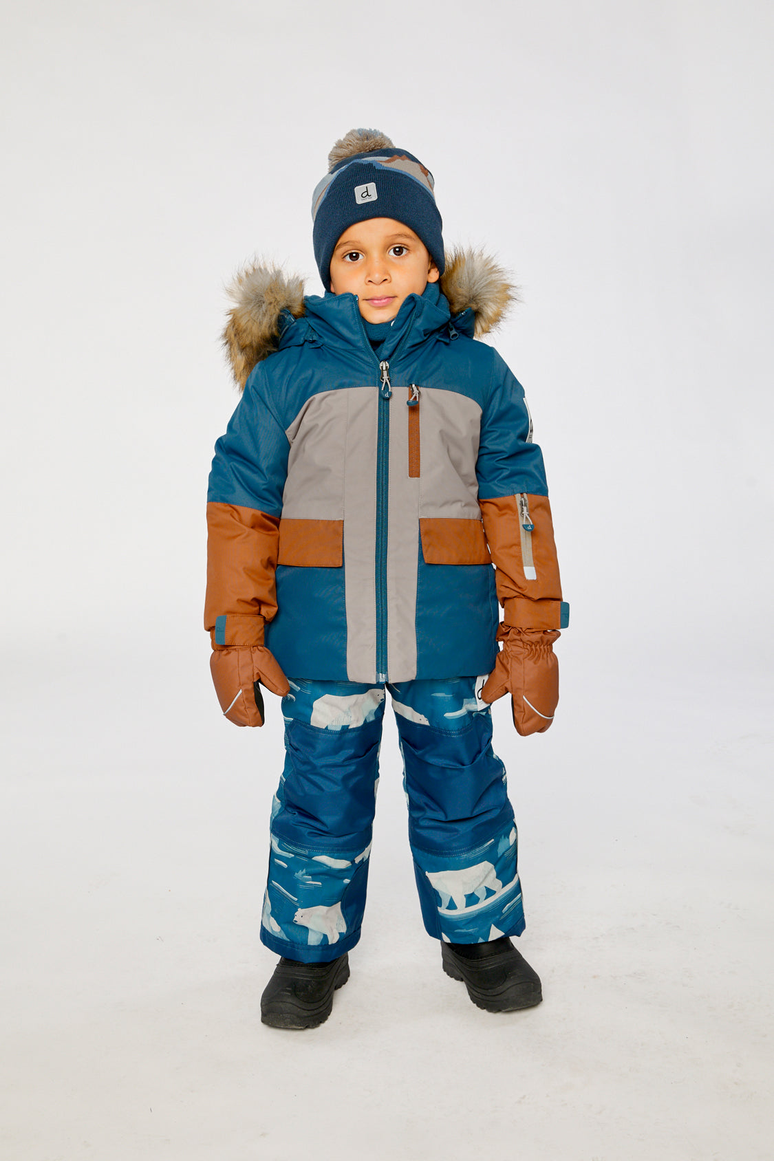 Deux par Deux boys PLAY snowsuit in navy and rust with Cordura-reinforced blue bear-print pants