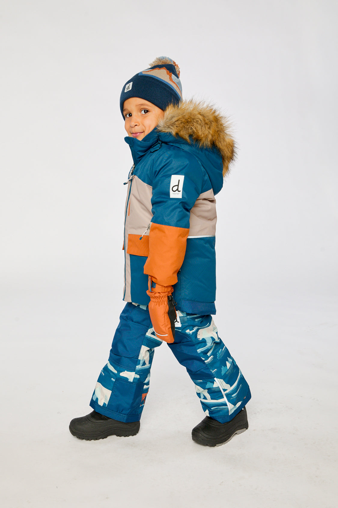 Deux par Deux boys navy rust PLAY snowsuit with grow-with-me fit and blue bear-print snow pants