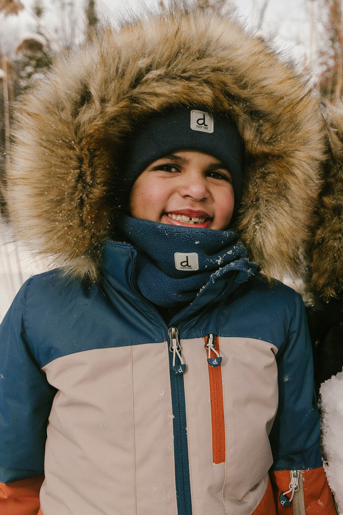 Deux par Deux boys colorblock PLAY snowsuit with blue bear-print snow pants for active winter play