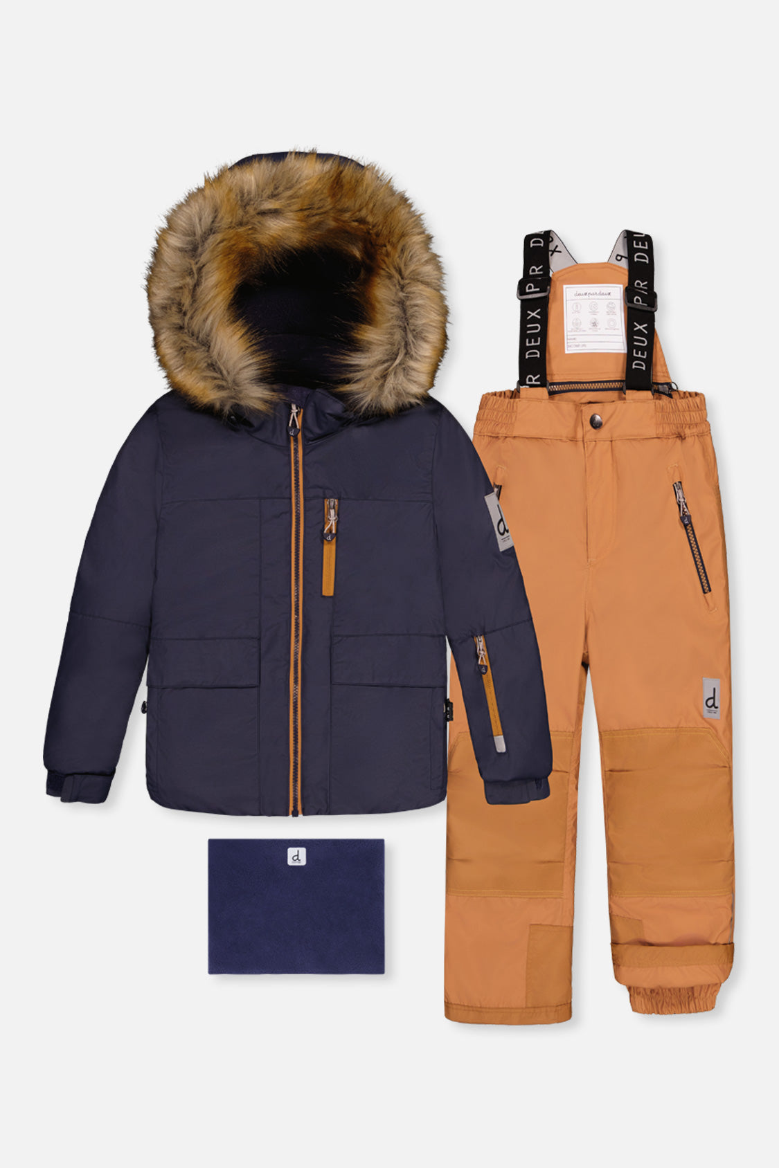 Deux par Deux PLAY two-piece snowsuit in Navy Blue with Brown Pants — main product view