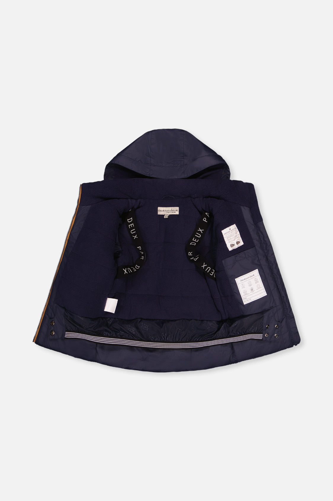 Deux par Deux boys' PLAY snowsuit with navy blue jacket and brown snow pants, additional angle