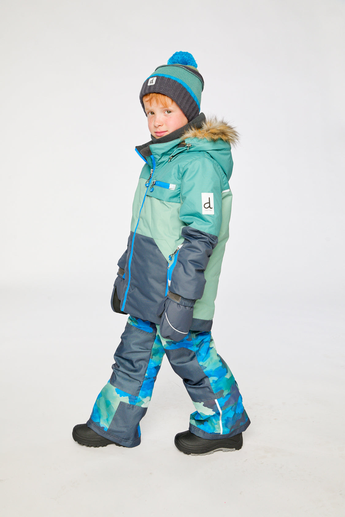Deux par Deux green navy jacket and blue camouflage pants PLAY snowsuit alternate view