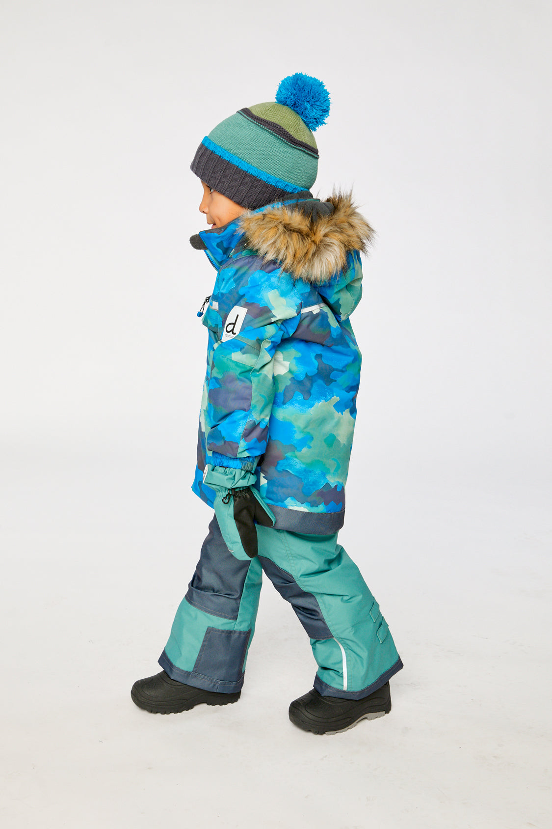 Deux par Deux boys camouflage snowsuit with Cordura reinforced green winter pants