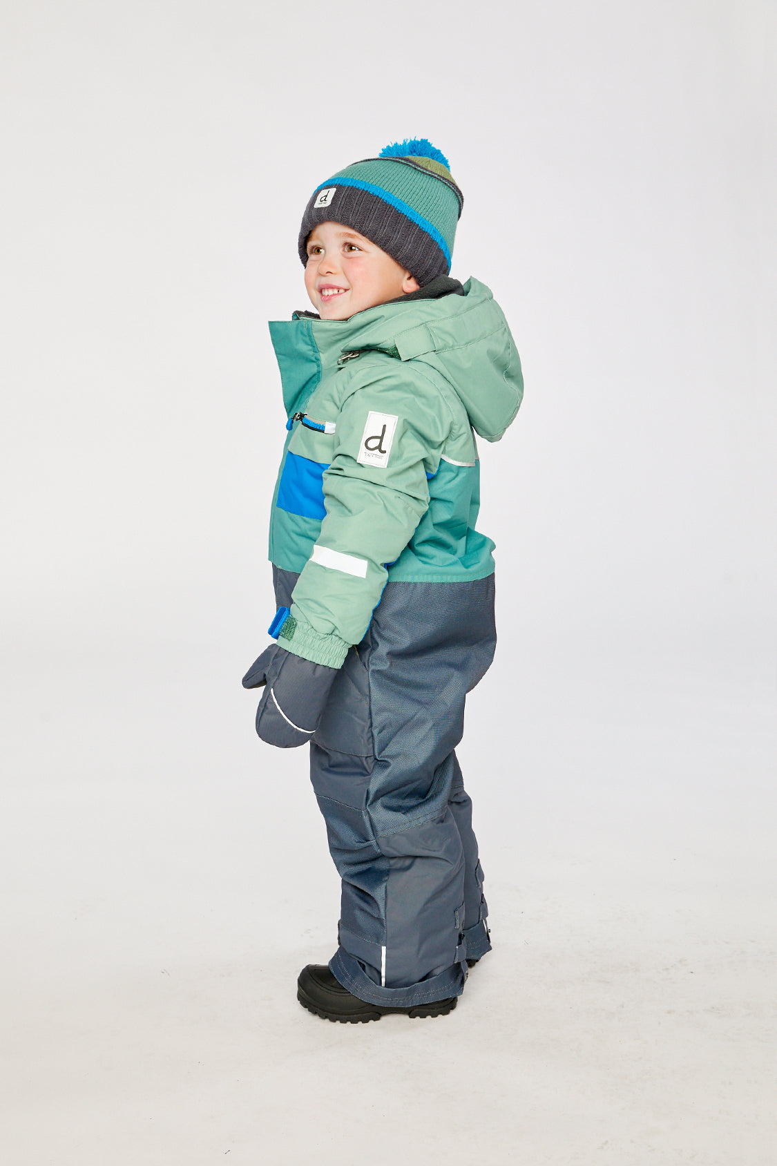 Deux par Deux sage green grey PLAY snowsuit shown from an alternate modeled angle