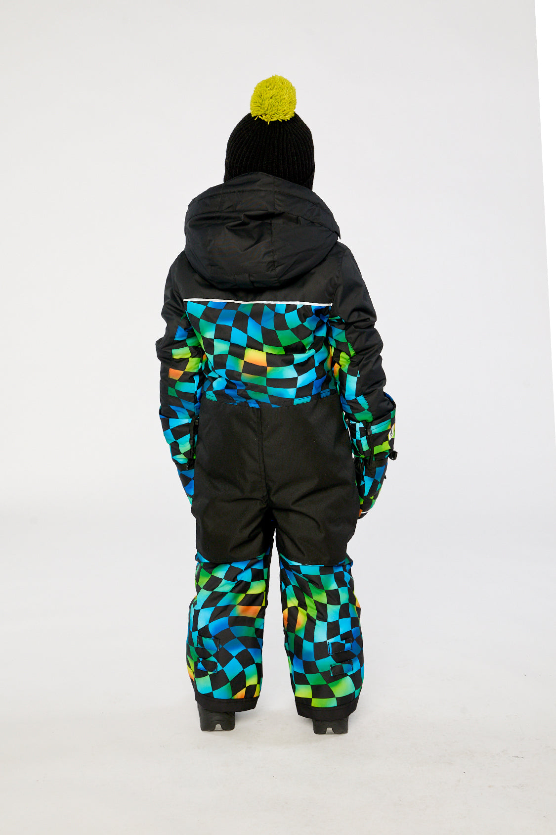 Alternate winter lookbook view of the Deux par Deux kids PLAY one-piece snowsuit in Blue Checkered Print