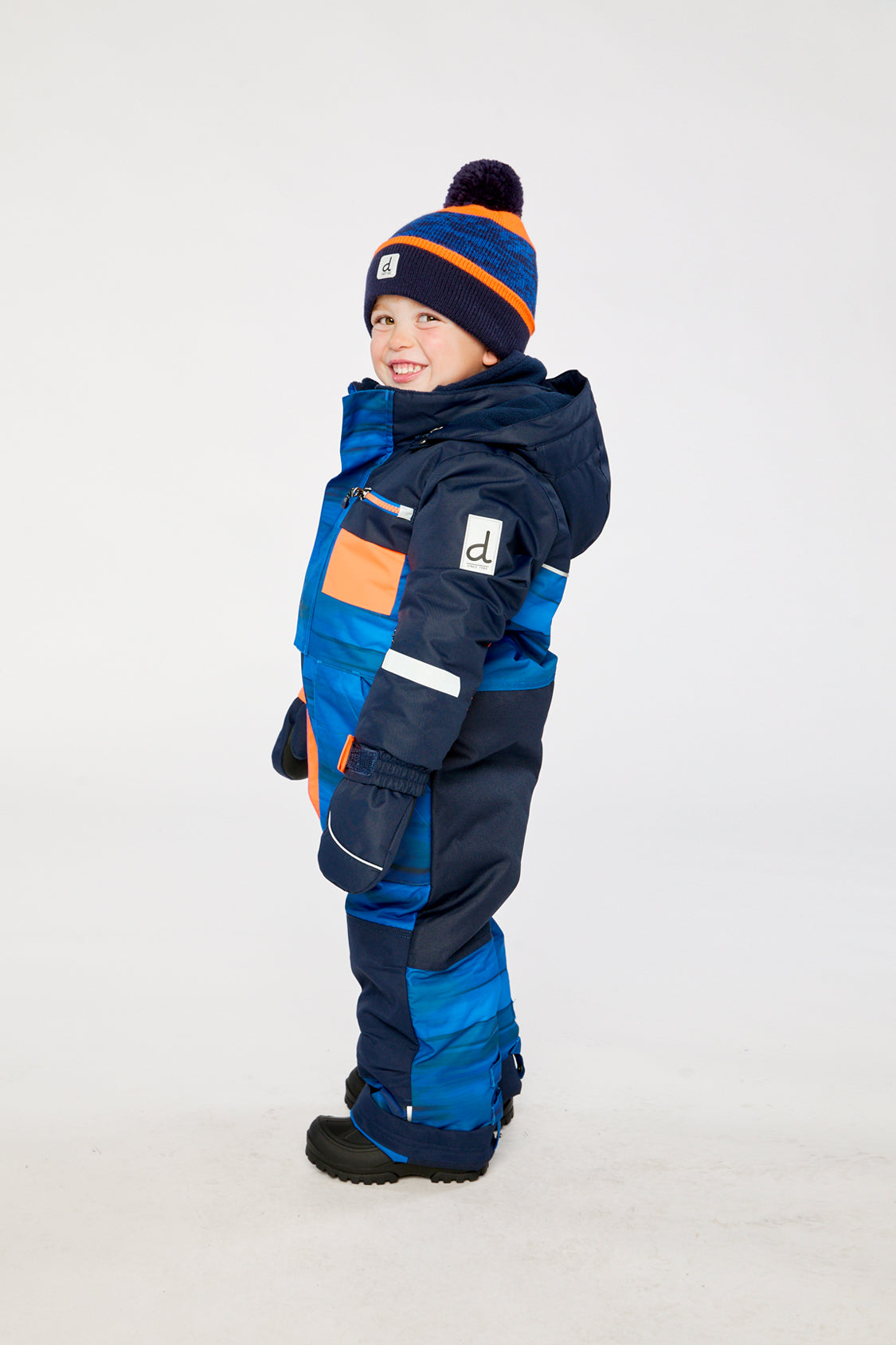 Deux par Deux blue and black striped PLAY one-piece snowsuit alternate modeled view