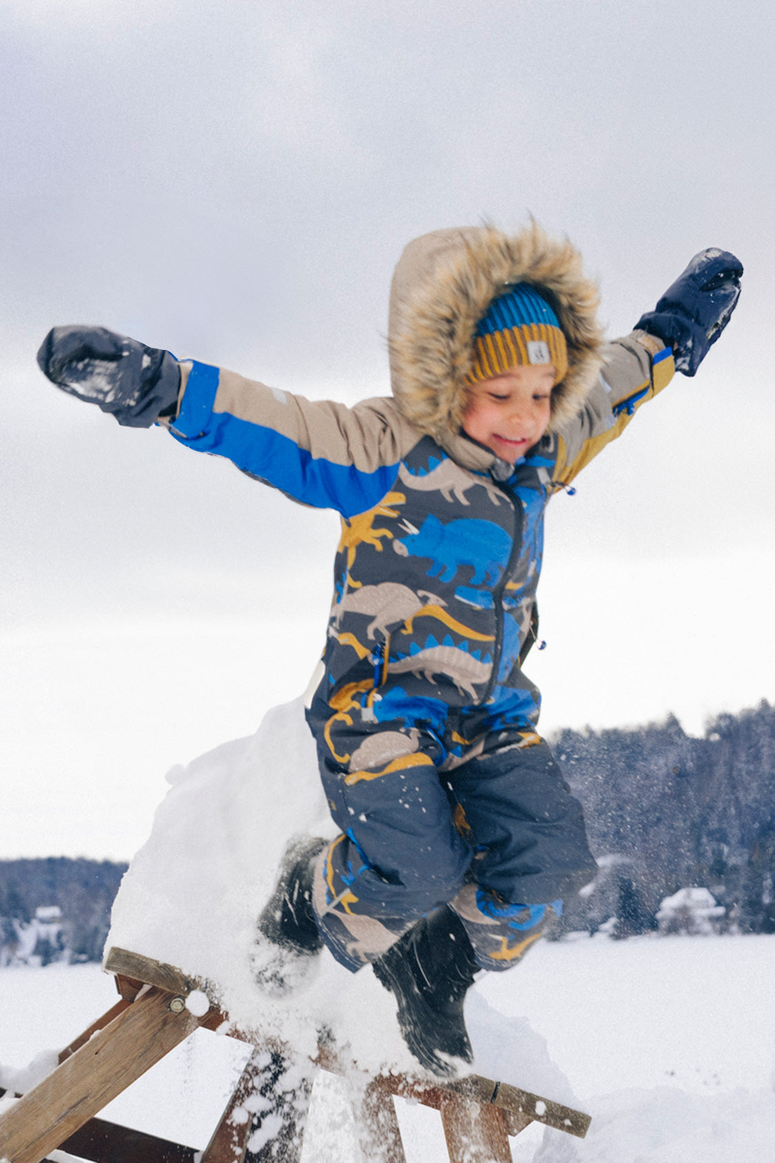 Deux par Deux dinosaur print PLAY snowsuit for boys during winter play