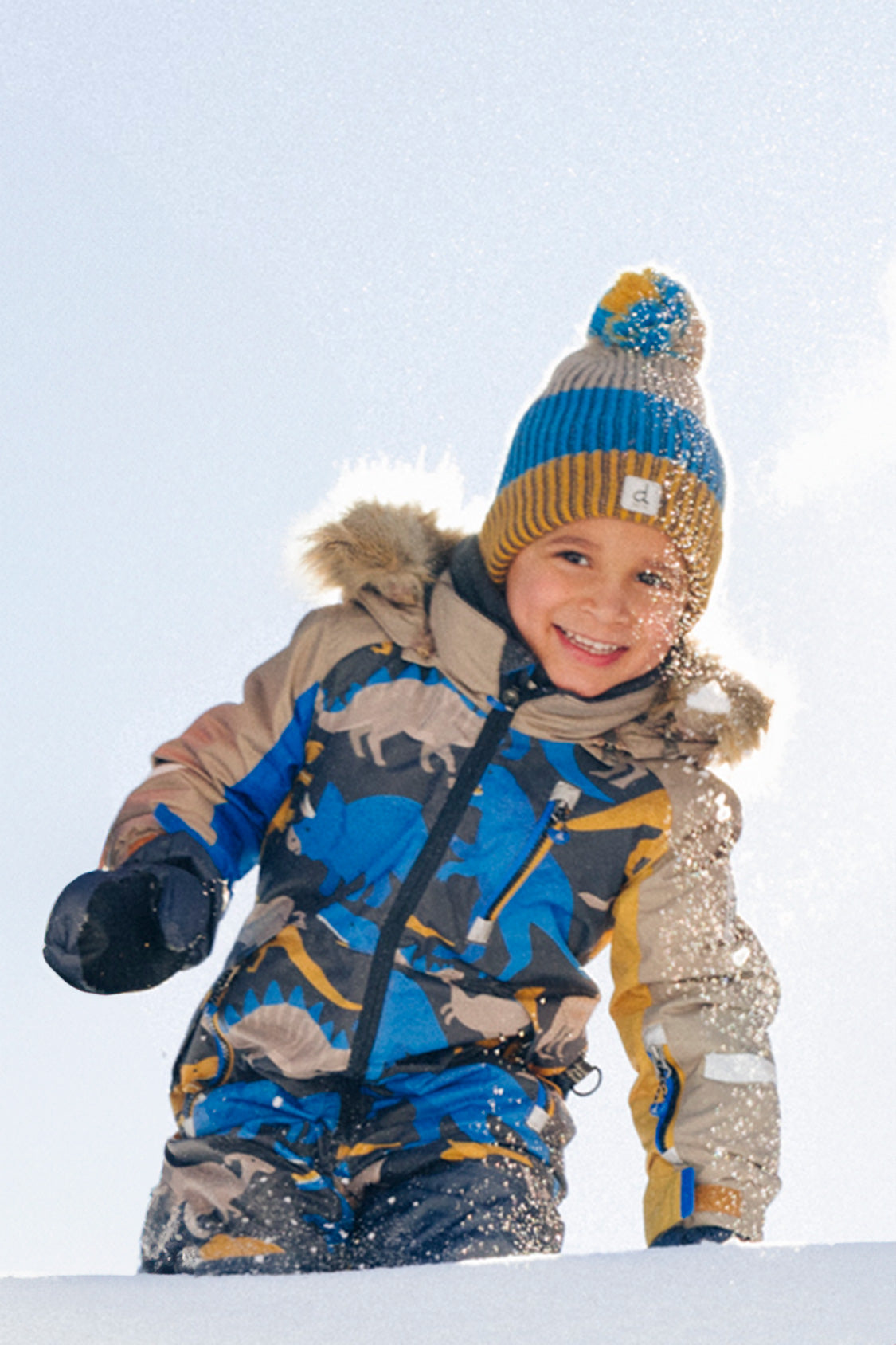 Boys 10K waterproof dinosaur snowsuit with reflective details and snow guards