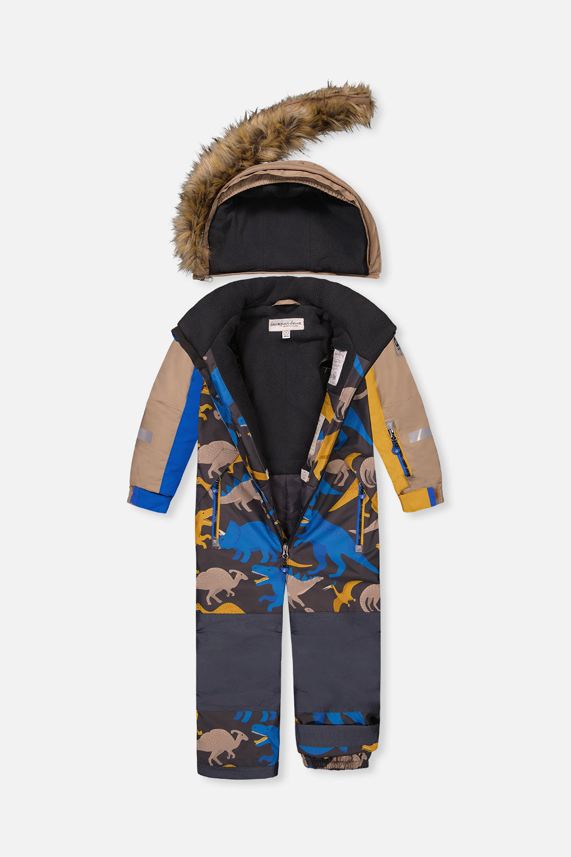 Deux par Deux Kids One Piece Play Snowsuit Grey And Blue Dinosaur Print