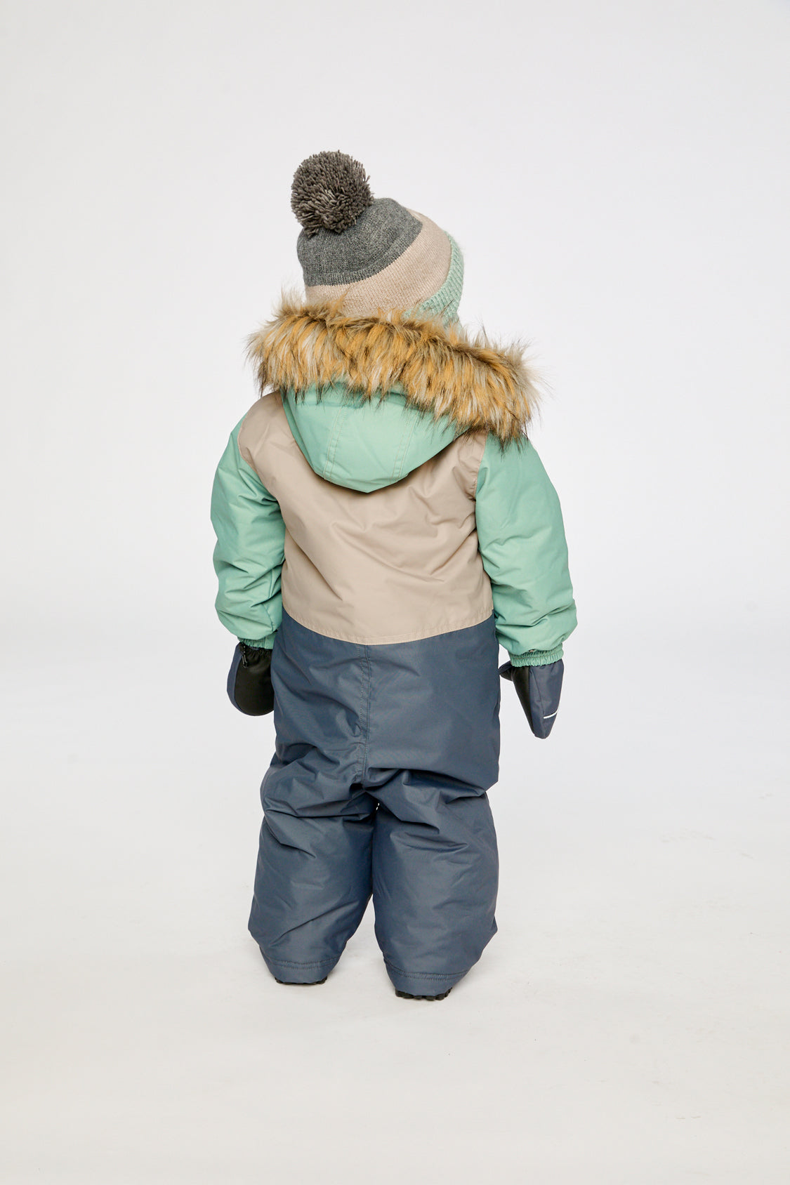 Alternate winter lookbook view of the Deux par Deux baby car-seat one-piece snowsuit in Cool Dark Grey