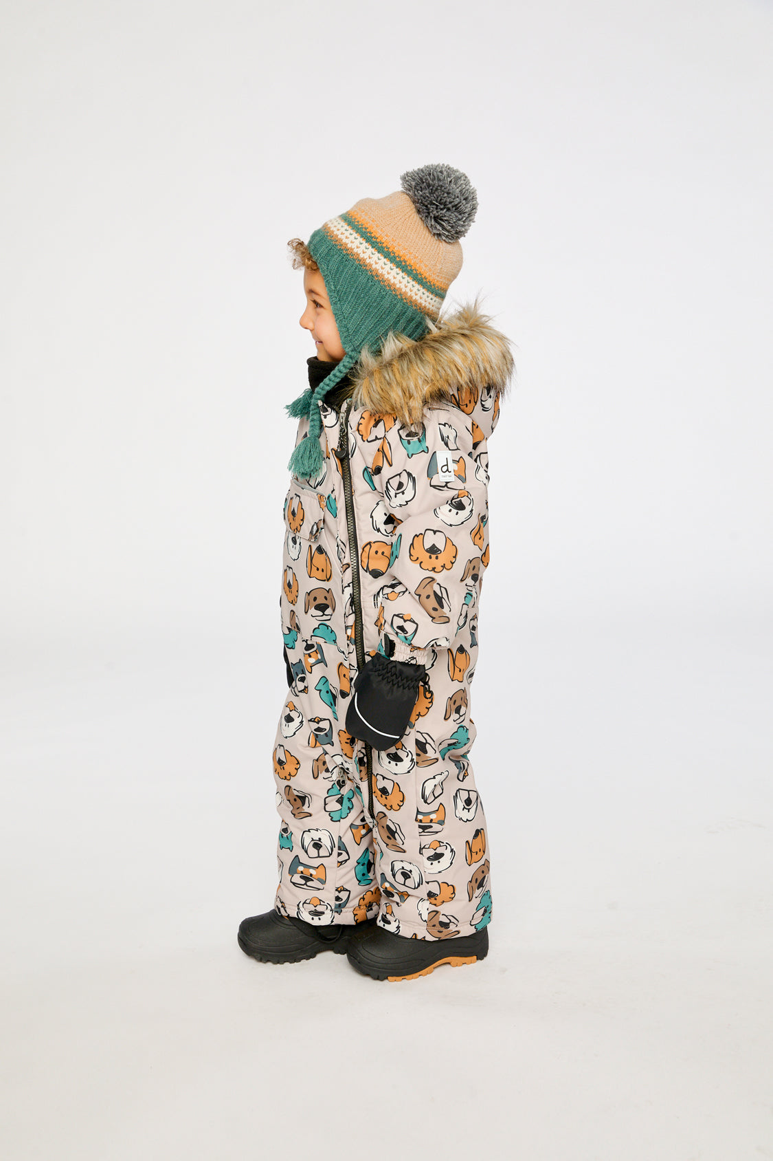 Deux par Deux beige dog print baby car seat snowsuit alternate winter view