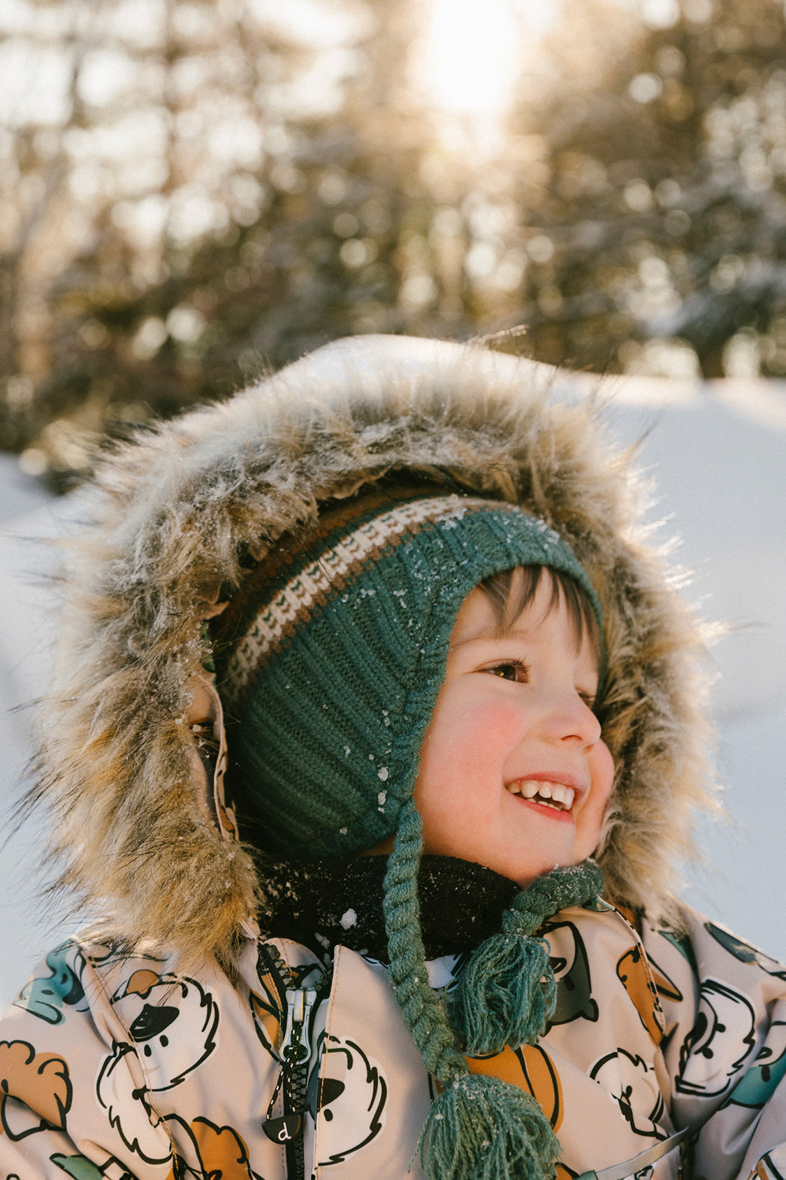 Deux par Deux beige dog print baby snowsuit with removable mittens and booties