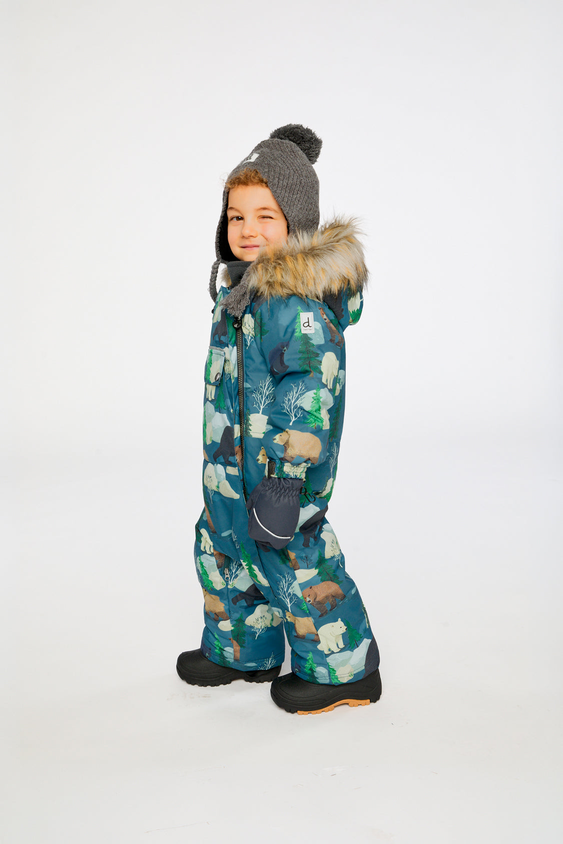 Deux par Deux baby blue bear snowsuit with fleece-lined body, hood and removable winter booties and mittens.