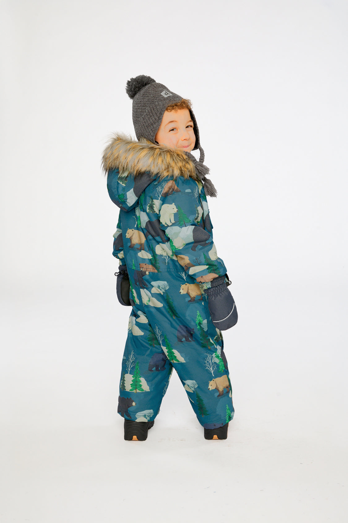Baby boy Deux par Deux blue bear print snowsuit with car-seat crotch opening and adjustable winter fit.