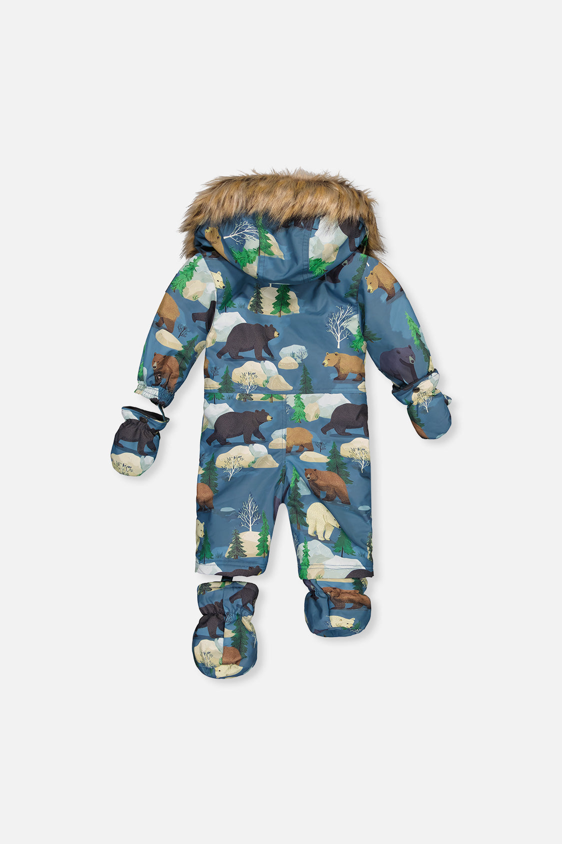 Deux par Deux baby boy blue bear one-piece snowsuit with 10K waterproof protection, sizes 6M to 2T.