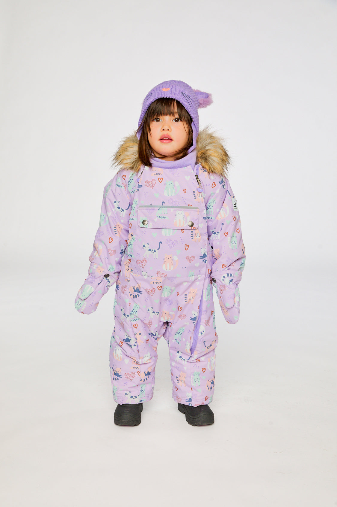 Baby girl purple cat winter snowsuit with fleece-lined hood