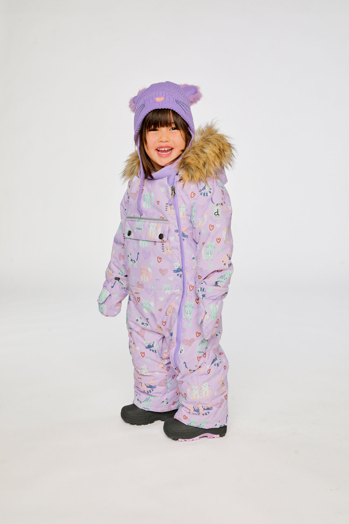 Purple printed cat baby snowsuit adapted for car seat buckles