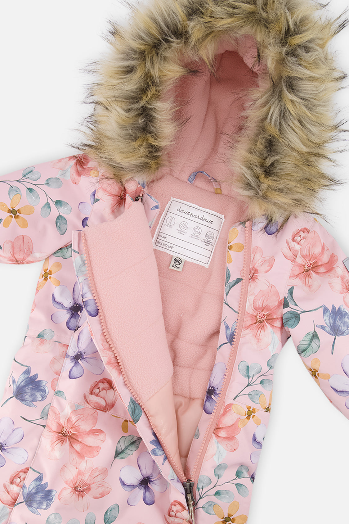 Close-up of the faux-fur trimmed hood and fleece-lined chest of the pink floral print snowsuit