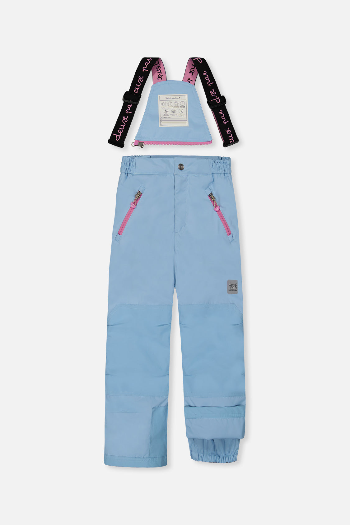 Light blue girls ski snowsuit with adjustable suspenders and grow-with-me fit