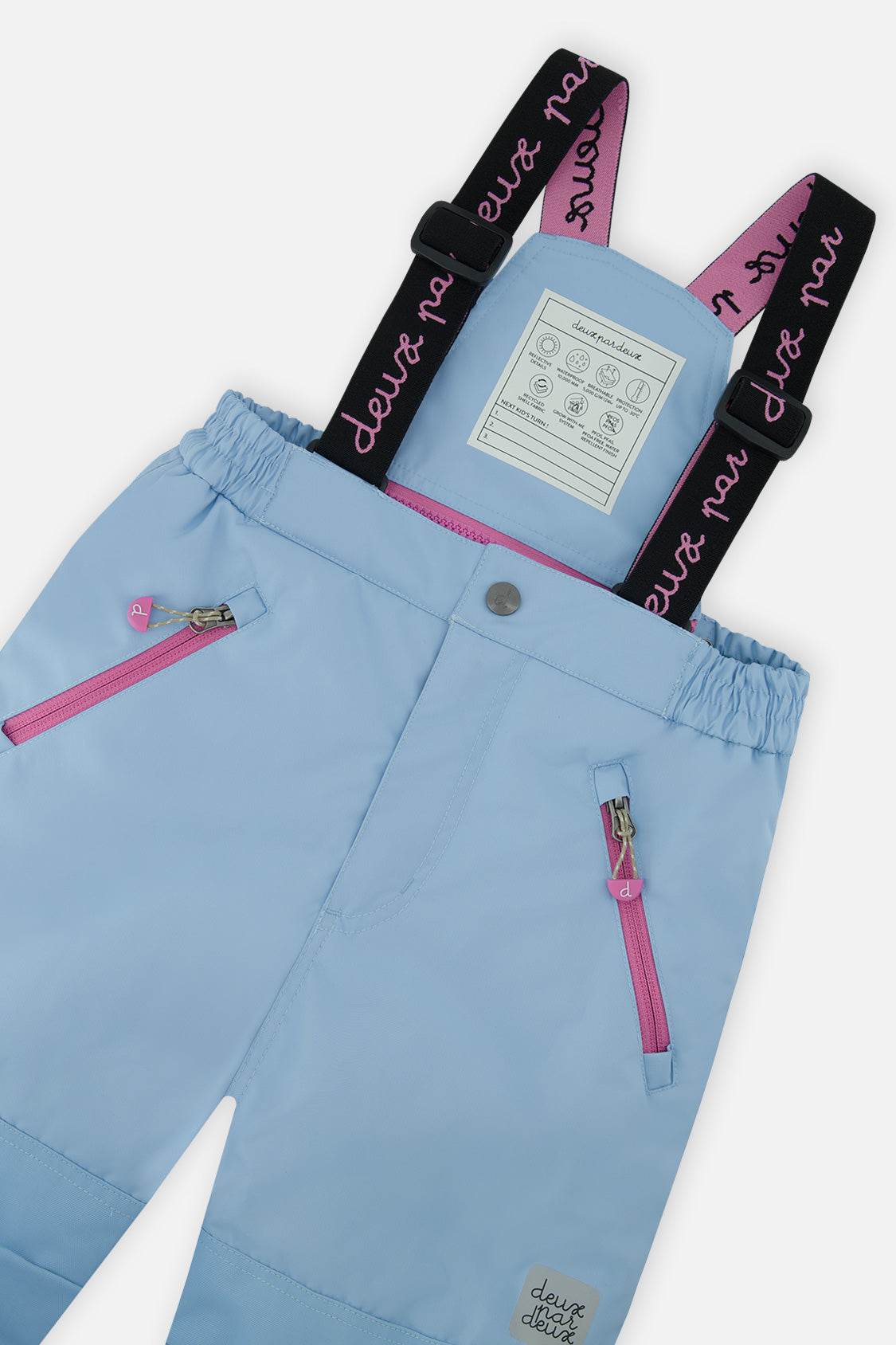 Deux par Deux girls PLAY snowsuit, light blue – close-up of the suspenders and zippered pant pockets