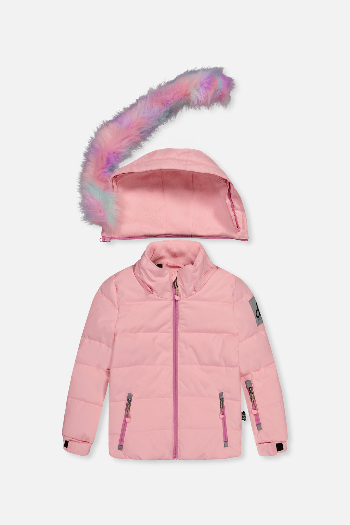 Girls light pink PLAY winter jacket front with faux fur hood