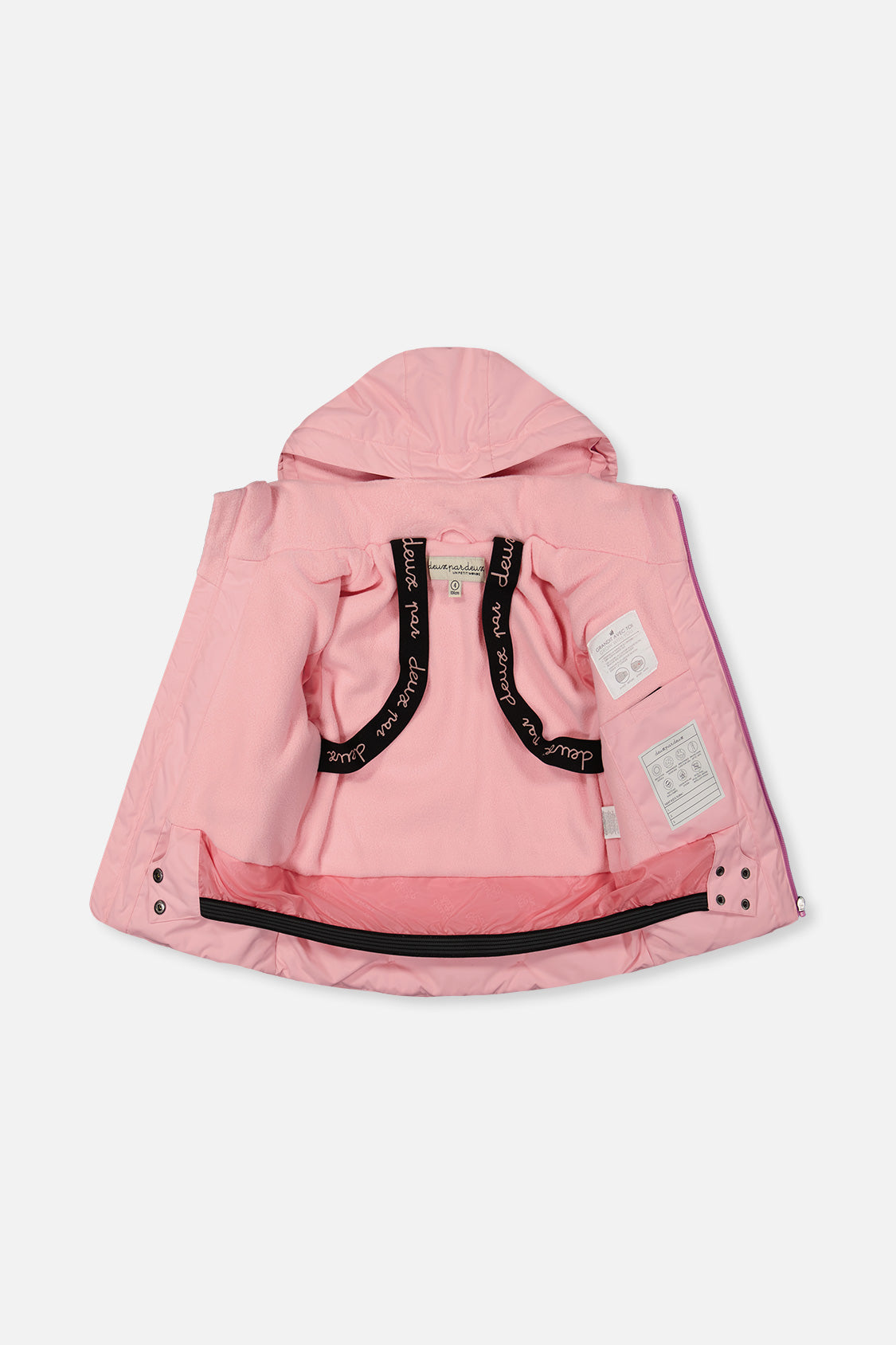 Girls light pink winter jacket interior with snow skirt and straps