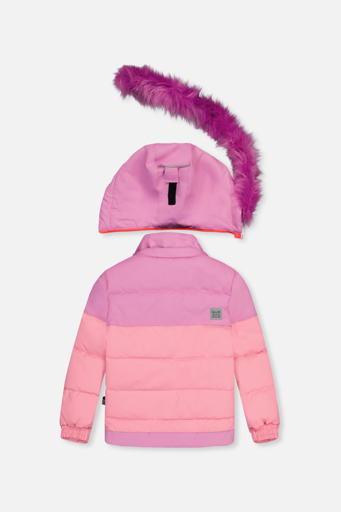 Pinkish violet girls ski snowsuit with detachable faux fur hood