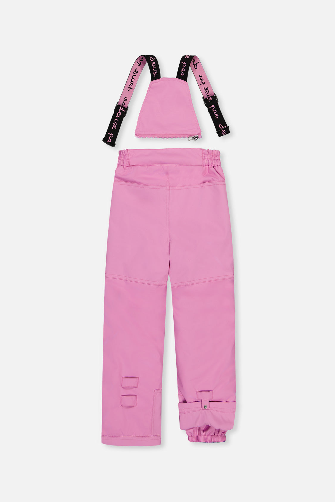 Deux par Deux girls PLAY snowsuit, pinkish violet and pink – pinkish violet snow pants, back view with suspenders off