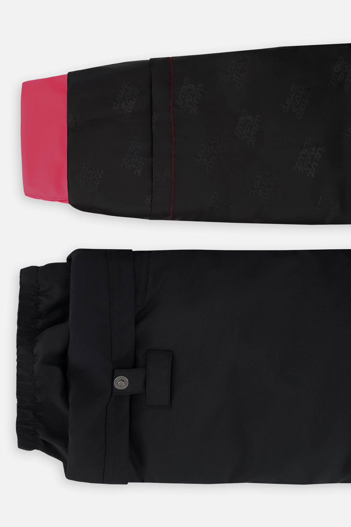 Deux par Deux girls PLAY snowsuit, coral, bright pink and black – sleeve and pant hem extensions for growing room