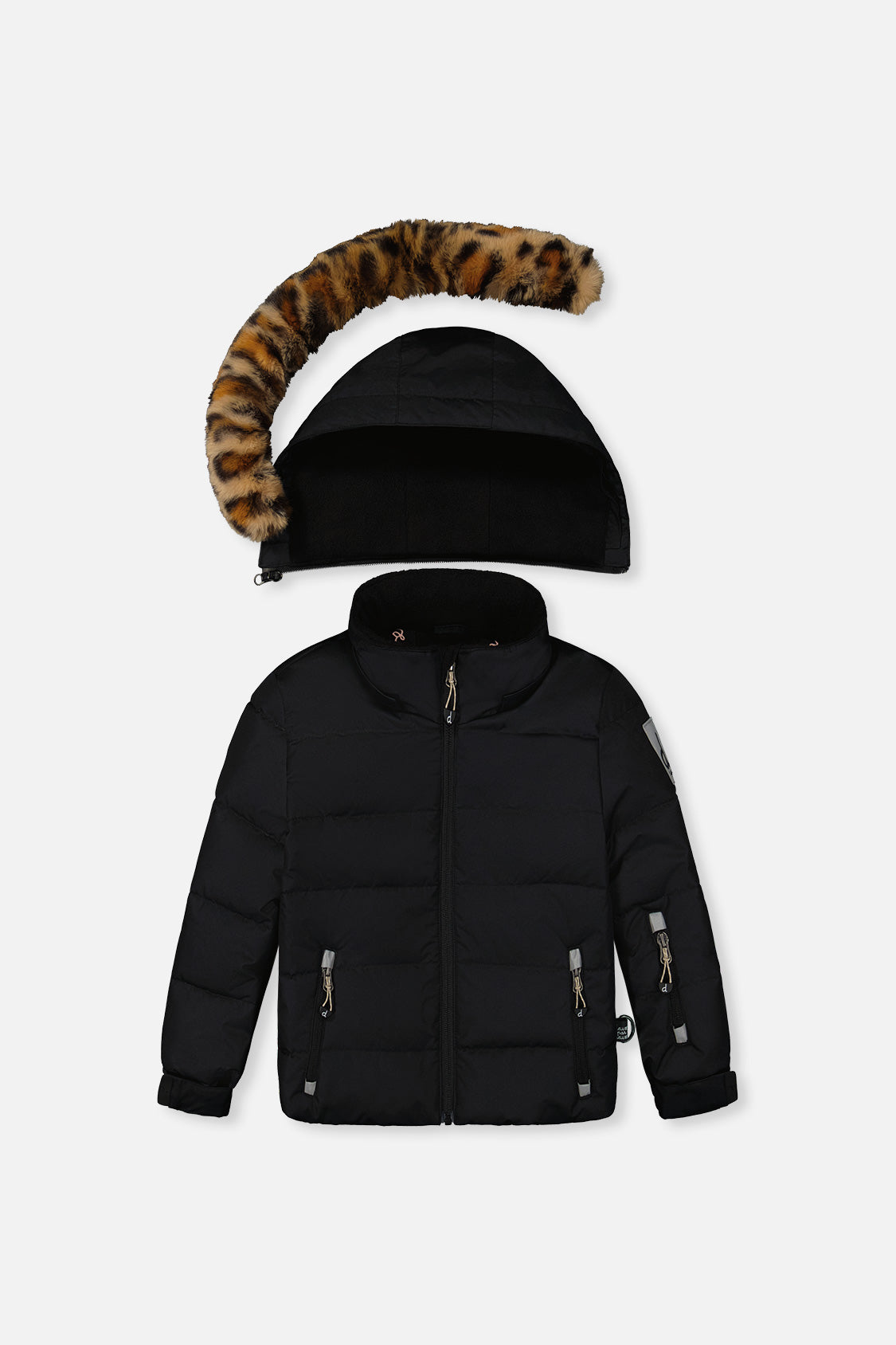 Girls black PLAY winter jacket front with leopard faux fur hood