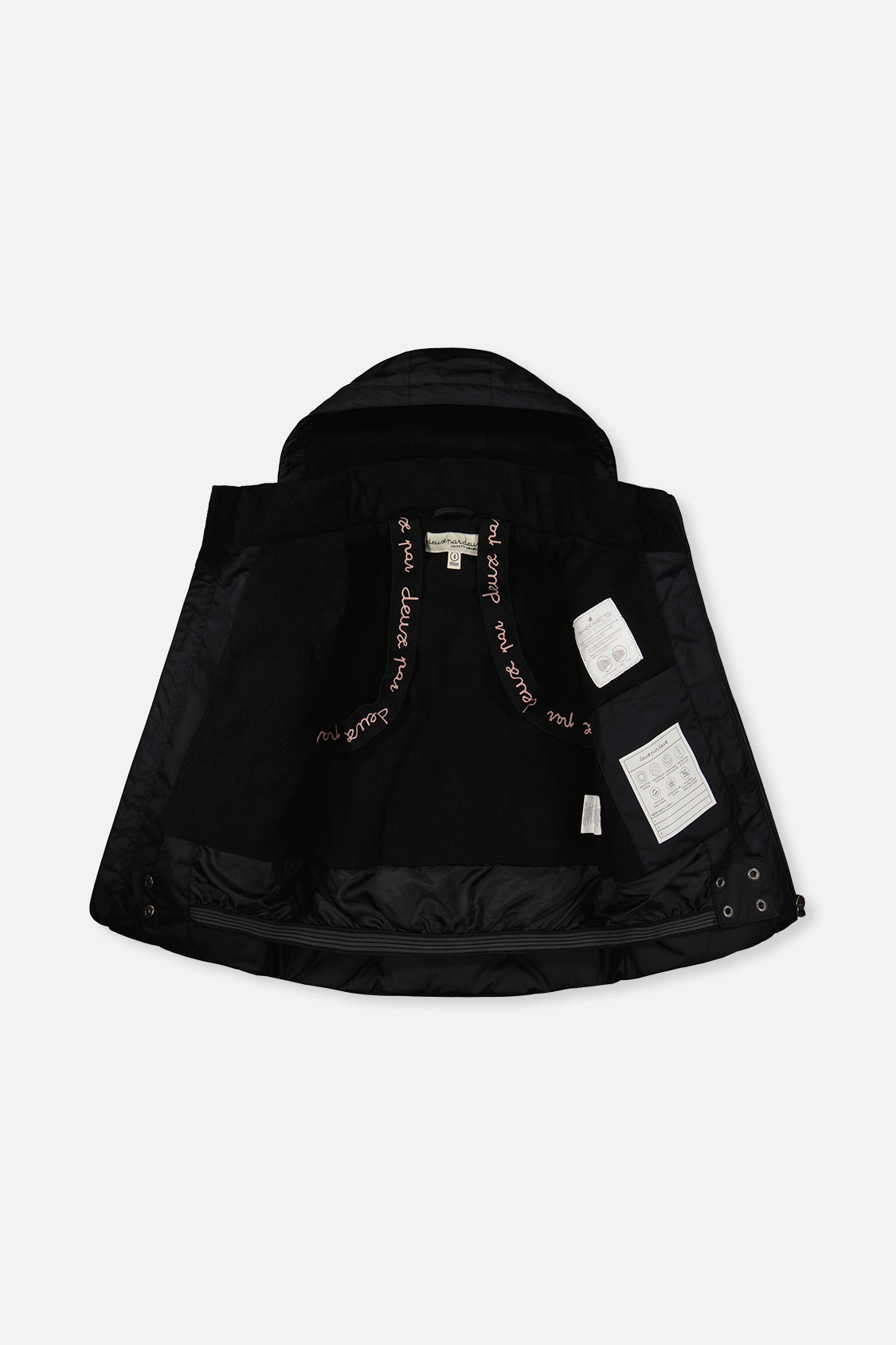 Girls black winter jacket interior with snow skirt and backpack straps