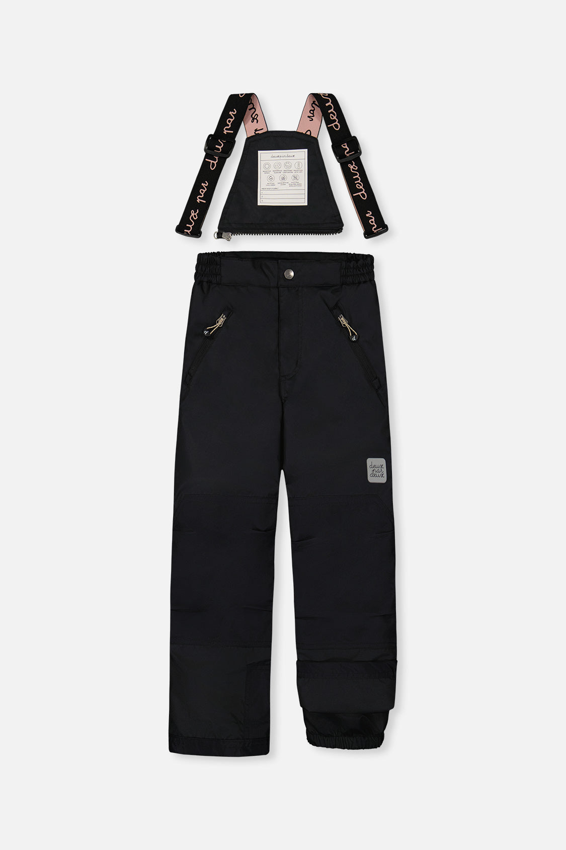 Black PLAY snow pants front view with adjustable suspenders