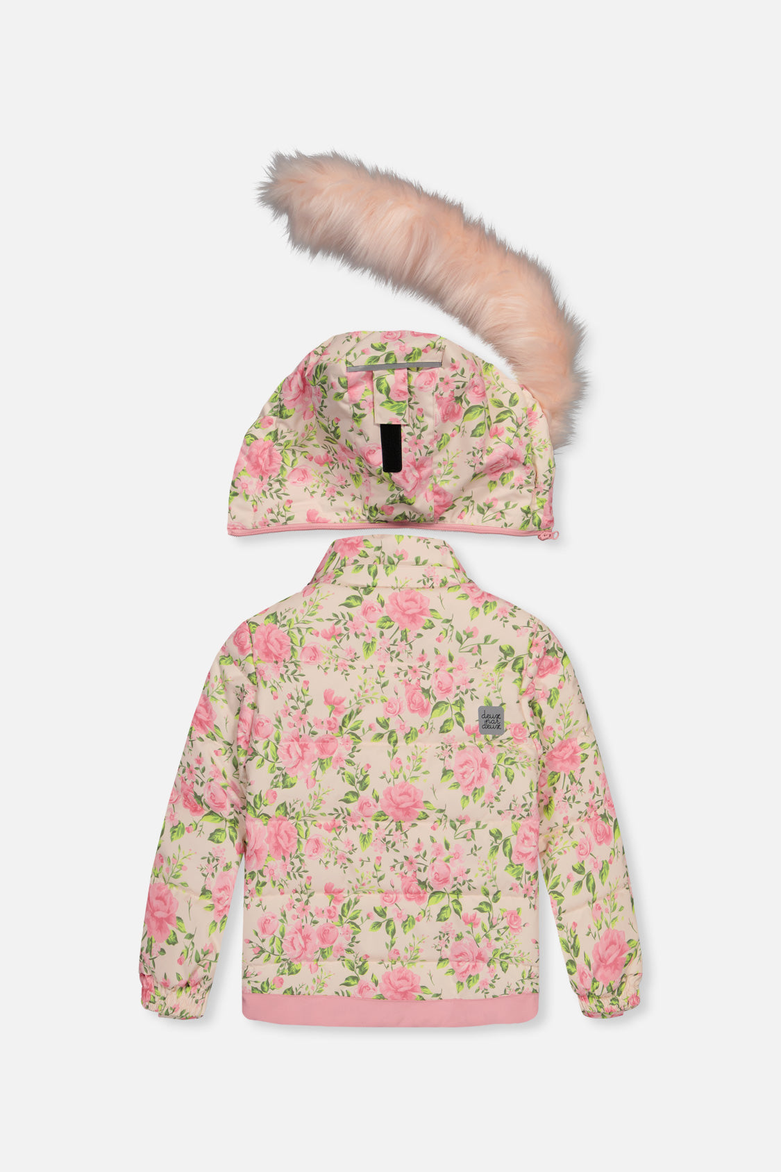 Pink mini flower girls ski suit with detachable faux fur hood